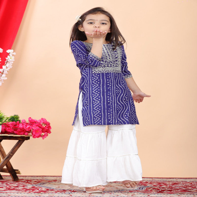 Blue & White Coloured Premium Rayon with Beautiful Print & Embroidery Work Girls Kids Designer Party wear Kurti with Sharara!!