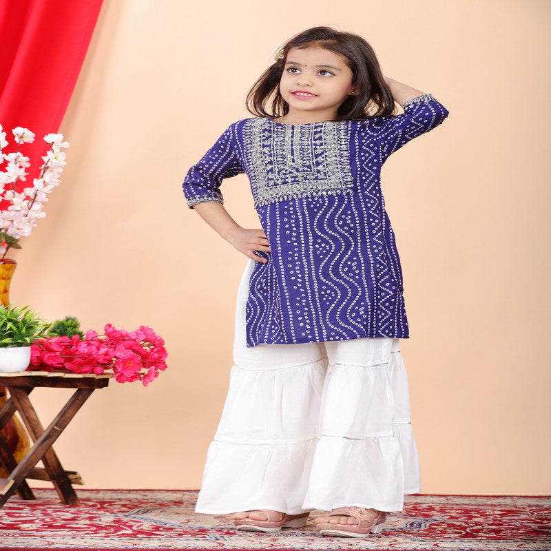 Blue & White Coloured Premium Rayon with Beautiful Print & Embroidery Work Girls Kids Designer Party wear Kurti with Sharara!!