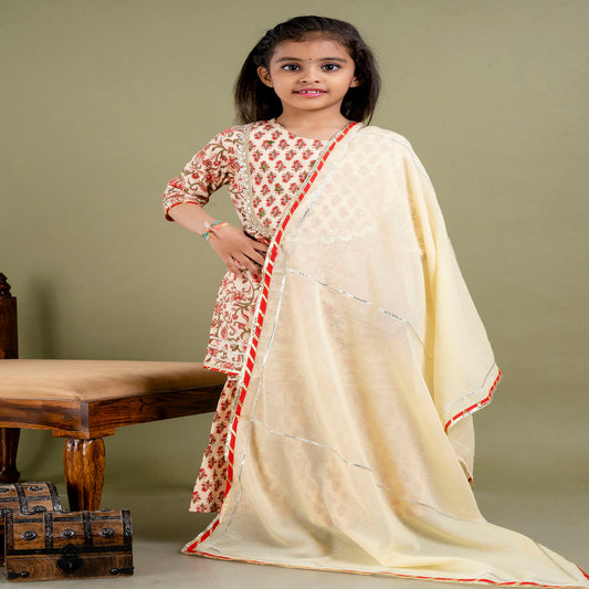 Beige & Multi Coloured Pure Cotton with Beautiful Print & Embroidery Work Girls Kids Designer Party wear Kurti Sharara with Dupatta!!