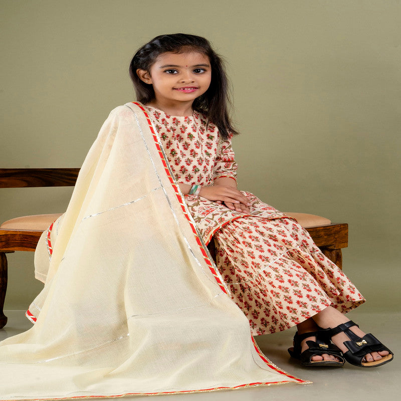 Beige & Multi Coloured Pure Cotton with Beautiful Print & Embroidery Work Girls Kids Designer Party wear Kurti Sharara with Dupatta!!