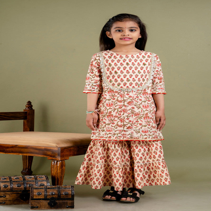 Beige & Multi Coloured Pure Cotton with Beautiful Print & Embroidery Work Girls Kids Designer Party wear Kurti Sharara with Dupatta!!