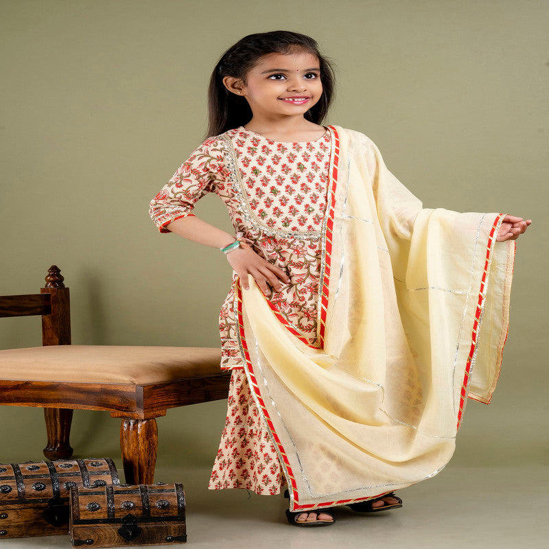 Beige & Multi Coloured Pure Cotton with Beautiful Print & Embroidery Work Girls Kids Designer Party wear Kurti Sharara with Dupatta!!