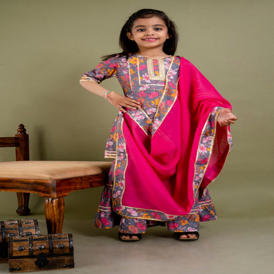 Pink & Multi Coloured Pure Cotton with Beautiful Print & Embroidery Work Girls Kids Designer Party wear Kurti Sharara with Dupatta!!