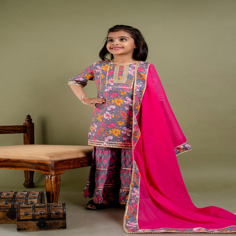 Pink & Multi Coloured Pure Cotton with Beautiful Print & Embroidery Work Girls Kids Designer Party wear Kurti Sharara with Dupatta!!