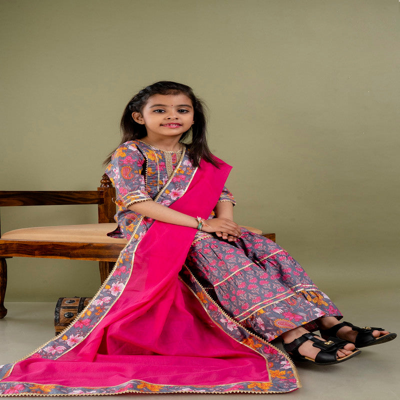 Pink & Multi Coloured Pure Cotton with Beautiful Print & Embroidery Work Girls Kids Designer Party wear Kurti Sharara with Dupatta!!