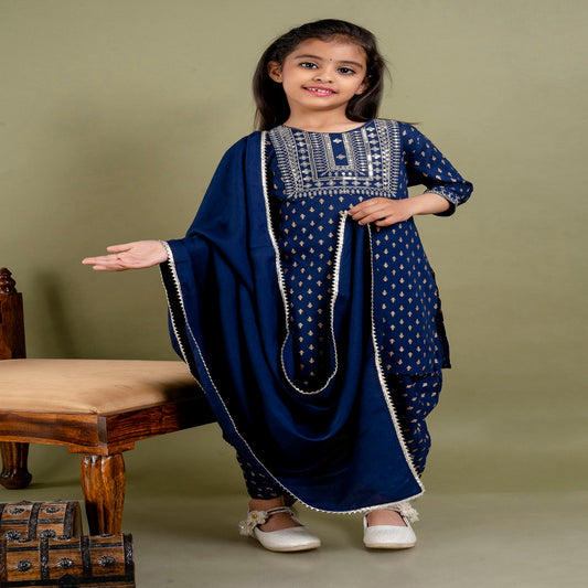 Blue Coloured Premium Rayon with Beautiful Print & Embroidery Work Girls Kids Designer Party wear Kurti Dhoti with Dupatta!!