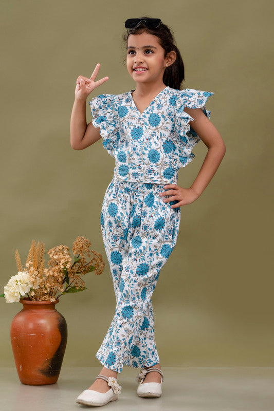Blue & White Coloured Pure Cotton with Beautiful Printed Puff Sleeves Girls Kids Designer Party wear Top with Pant!!