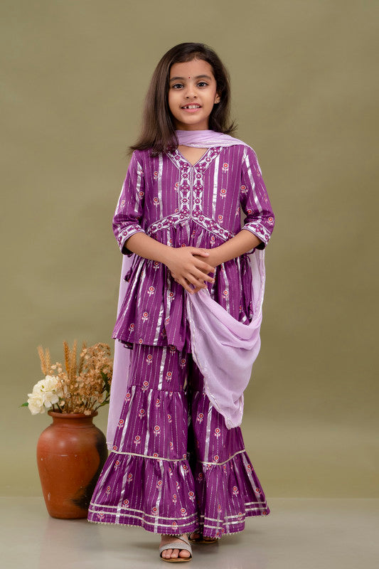 Purple Coloured Pure Cotton with Beautiful Print & Embroidery Work Girls Kids Designer Party wear Kurti Sharara with Dupatta!!