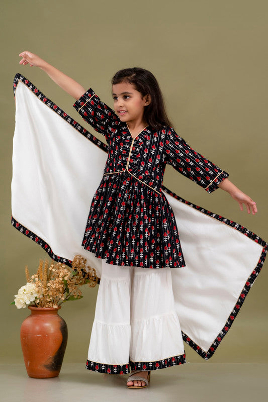 Black & White Coloured Pure Cotton with Beautiful Print & Embroidery Work Girls Kids Designer Party wear Kurti Sharara with Dupatta!!