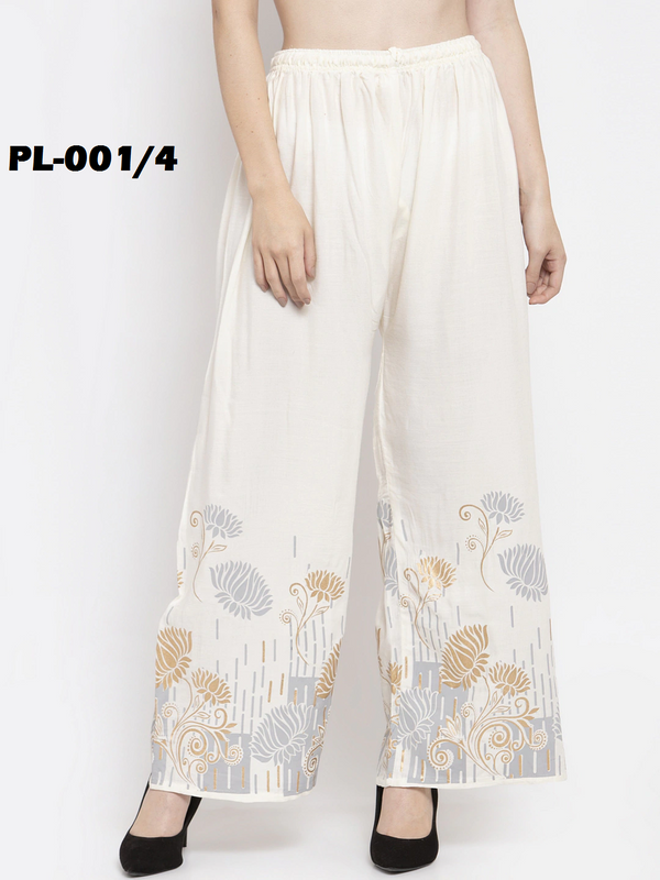 White Rayon Straight fit  Floral Palazzo Free Size( 28 to 40 Inch)!!