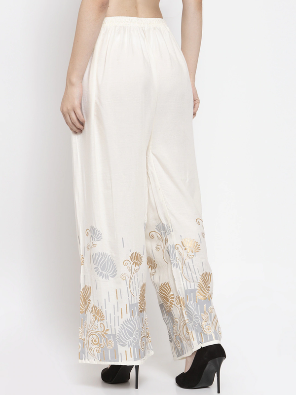 White Rayon Straight fit  Floral Palazzo Free Size( 28 to 40 Inch)!!