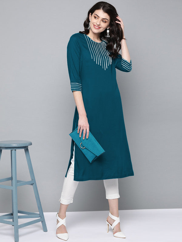 Dark Rama Blue Coloured Fancy Designer Rayon Kurti!!