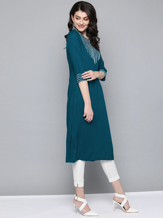 Dark Rama Blue Coloured Fancy Designer Rayon Kurti!!