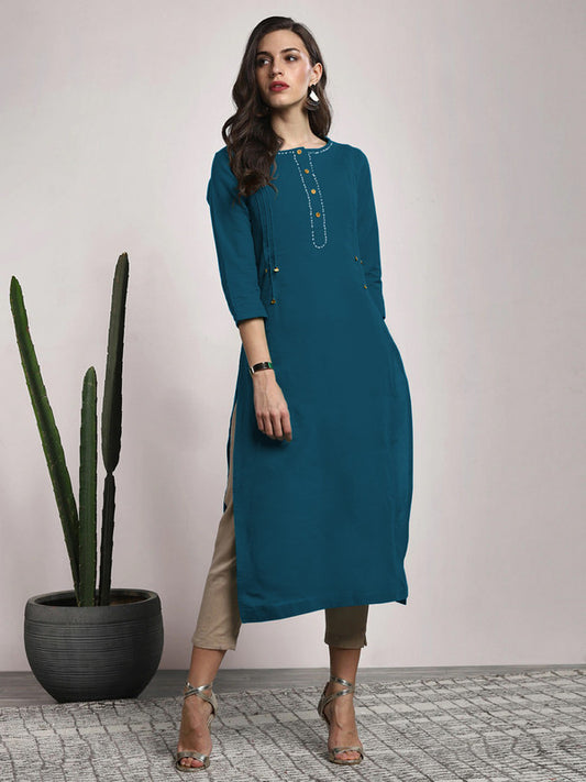 Dark Rama Blue Coloured Fancy Designer Rayon Kurti!!