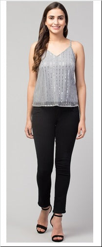 Lite Grey Embellished Net Fabric Sleeevless Top