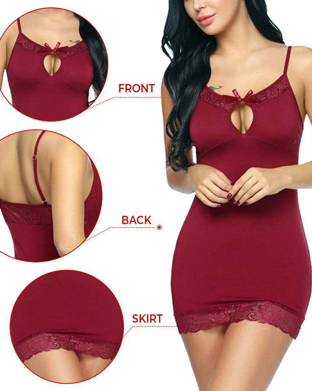 Maroon Coloured Premium Soft Comfy Net & Silky touch Women Luxurious Night in or a Front Heart Knot Hosiery Babydoll Honeymoon Dress!!