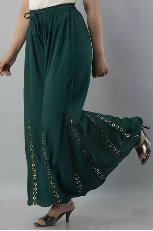 Olive Green Rayon Wide Leg Embellished Palazzo Free Size( 28 to 40 Inch)!!
