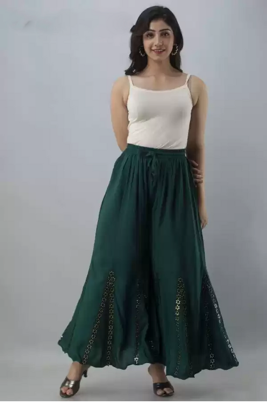 Olive Green Rayon Wide Leg Embellished Palazzo Free Size( 28 to 40 Inch)!!