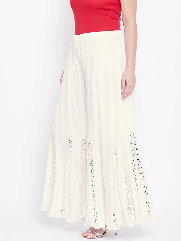 Off White Rayon Wide Leg Embellished Palazzo Free Size( 28 to 40 Inch)!!