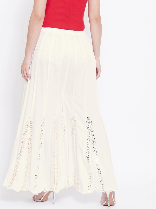 Off White Rayon Wide Leg Embellished Palazzo Free Size( 28 to 40 Inch)!!