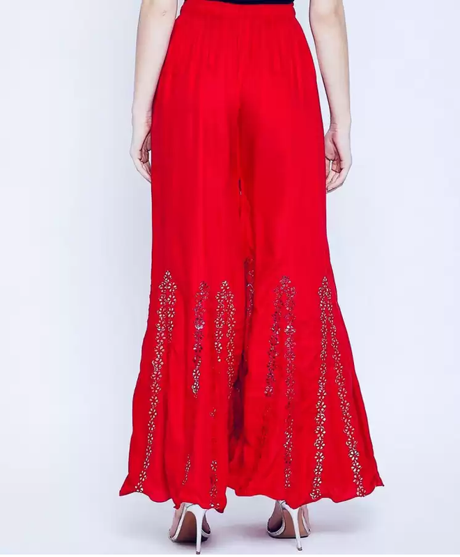 Red Rayon Wide Leg Embellished Palazzo Free Size( 28 to 40 Inch)!!