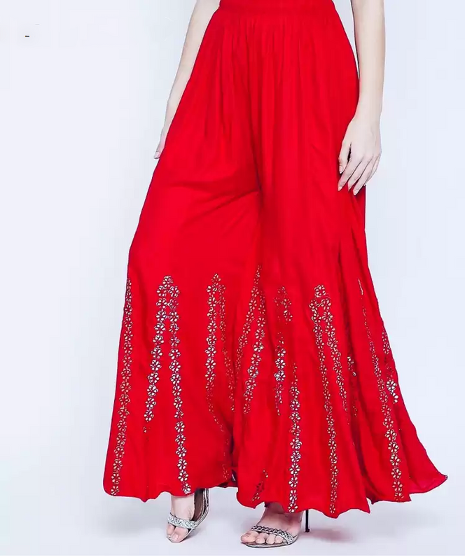 Red Rayon Wide Leg Embellished Palazzo Free Size( 28 to 40 Inch)!!