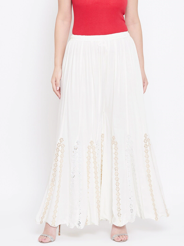 White Rayon Wide Leg Embellished Palazzo Free Size( 28 to 40 Inch)!!