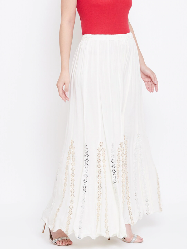 White Rayon Wide Leg Embellished Palazzo Free Size( 28 to 40 Inch)!!