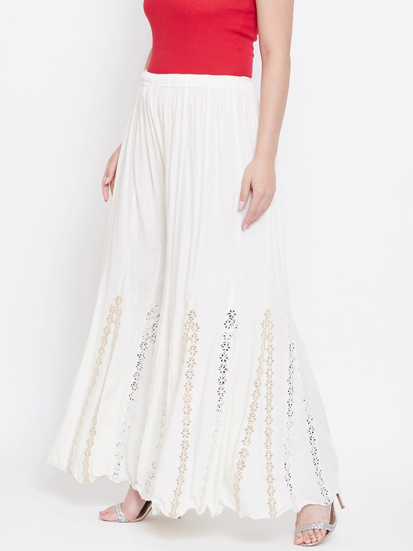 White Rayon Wide Leg Embellished Palazzo Free Size( 28 to 40 Inch)!!