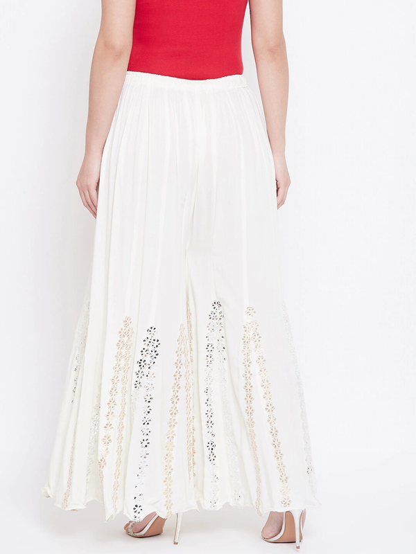 White Rayon Wide Leg Embellished Palazzo Free Size( 28 to 40 Inch)!!