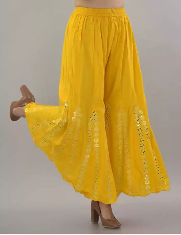 Yellow Rayon Wide Leg Embellished Palazzo Free Size( 28 to 40 Inch)!!