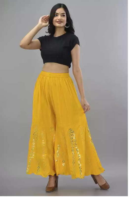 Yellow Rayon Wide Leg Embellished Palazzo Free Size( 28 to 40 Inch)!!