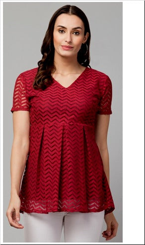 Maroon Zigzag Lace Fabric Womens Top Free Size Up to 38inch