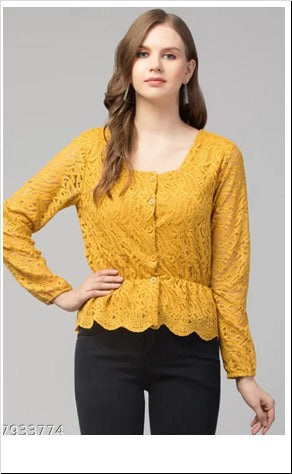 Mustard  Bishop Sleeve Peplum Lace Fabric Fabric Top Free Size Up to 38inch