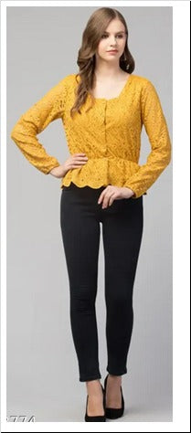 Mustard  Bishop Sleeve Peplum Lace Fabric Fabric Top Free Size Up to 38inch