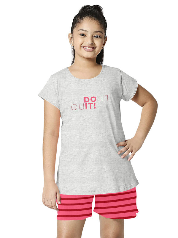 Girls Half Sleeves 100% Cotton Printed Shorts Comfort wear - Pink & Grey!!