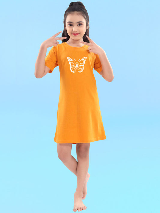 Girls Full Sleeves 100% Cotton Night Dress - Mustard!!