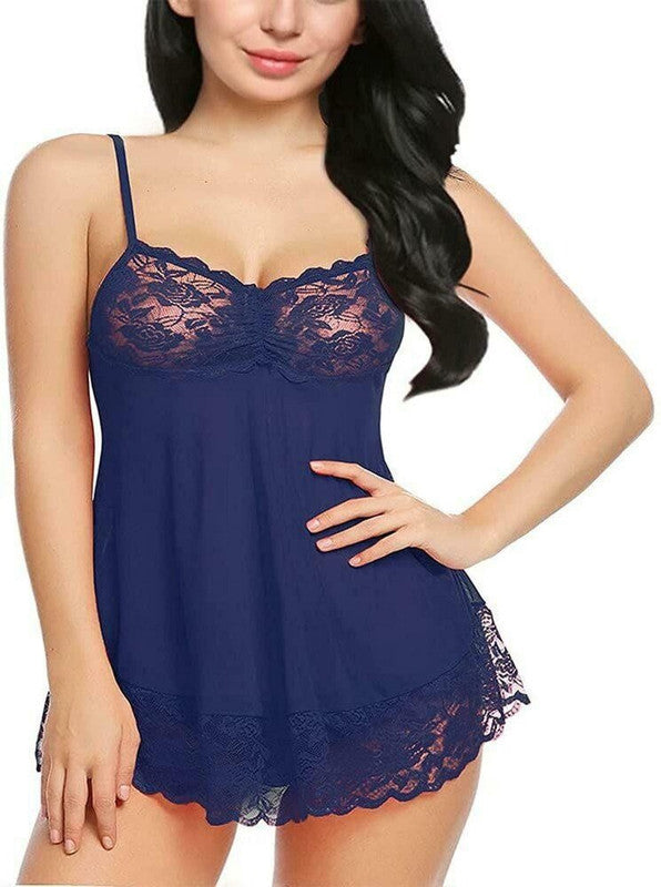 Navy Blue Coloured Premium Soft Comfy Net & Silky touch Women Luxurious Night in or a Full Net Lace Frock Babydoll Honeymoon Dress!!