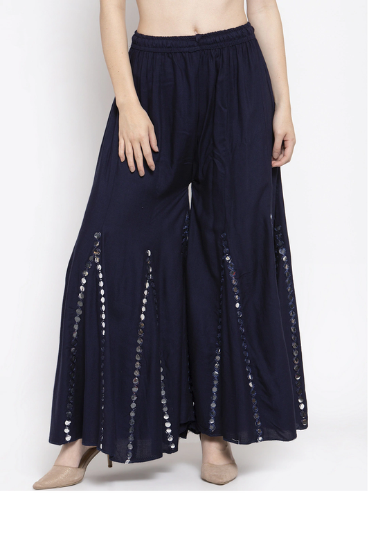 Navy Blue coloured Rayon Single Line Mirror work Sharara Free Size( 28 to 42 Inch)!!