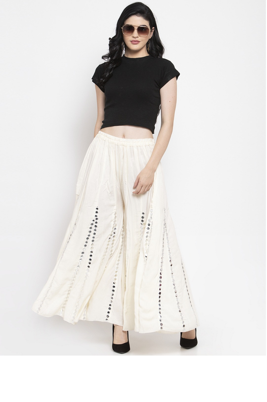Off White coloured Rayon Single Line Mirror work Sharara Free Size( 28 to 42 Inch)!!