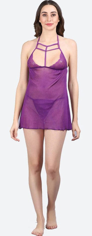 Purple Coloured Premium Soft Comfy Net & Silky touch Women Luxurious Night in or a Neck Dori Babydoll Honeymoon Dress!!