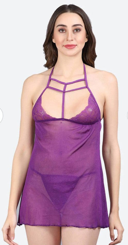 Purple Coloured Premium Soft Comfy Net & Silky touch Women Luxurious Night in or a Neck Dori Babydoll Honeymoon Dress!!