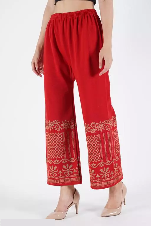 GOLD PRINTED RED WOOLEN PALAZZO-FREE SIZE( FROM 28 TO 38 INCH)