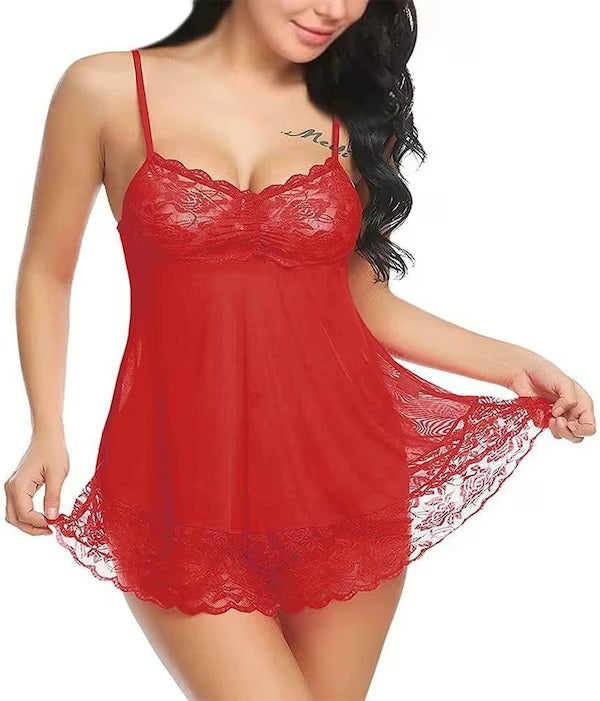 Red Coloured Premium Soft Comfy Net & Silky touch Women Luxurious Night in or a Full Net Lace Frock Babydoll Honeymoon Dress!!