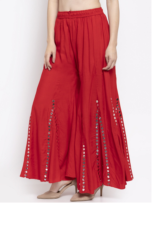Red coloured Rayon Single Line Mirror work Sharara Free Size( 28 to 42 Inch)!!