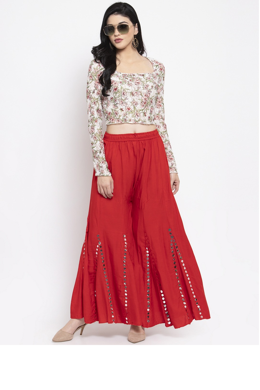 Red coloured Rayon Single Line Mirror work Sharara Free Size( 28 to 42 Inch)!!