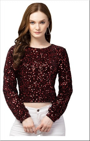 Red Velvet Fabric Sequins Top