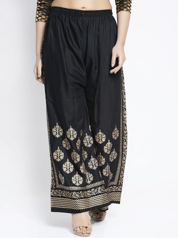 Black Rayon Straight Printed Trouser Palazzo Free Size( 28 to 40 Inch)!!