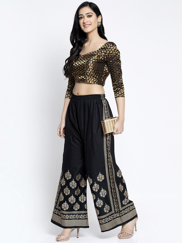 Black Rayon Straight Printed Trouser Palazzo Free Size( 28 to 40 Inch)!!