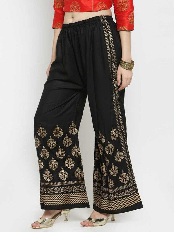 Black Rayon Straight Printed Trouser Palazzo Free Size( 28 to 40 Inch)!!